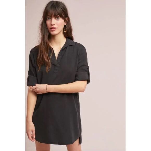 cloth & stone Dresses & Skirts - Cloth & Stone Black Tencel Shirt Dress Size Small Roll Tab Sleeves Pockets Mini